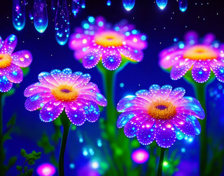 Neon-colored flowers on dark blue background with glowing droplets