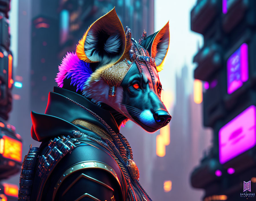 Anthropomorphic fox character in futuristic cyberpunk cityscape