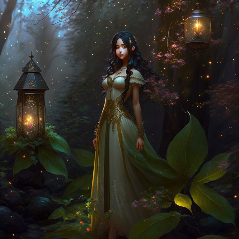 Elegant woman in green dress in mystical forest with glowing lanterns