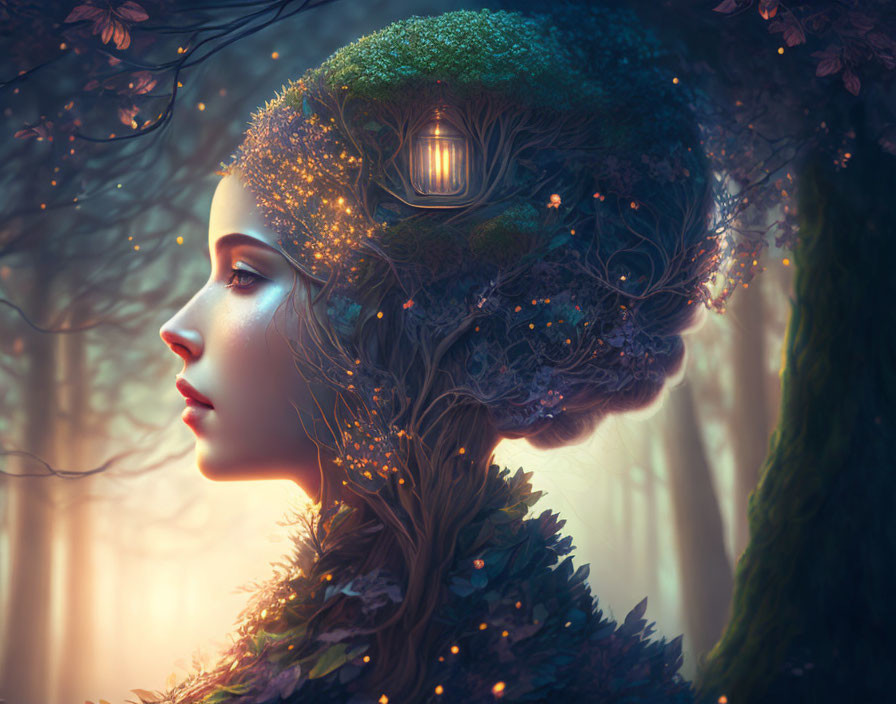 Portrait of woman with house in tree-like hair in serene forest