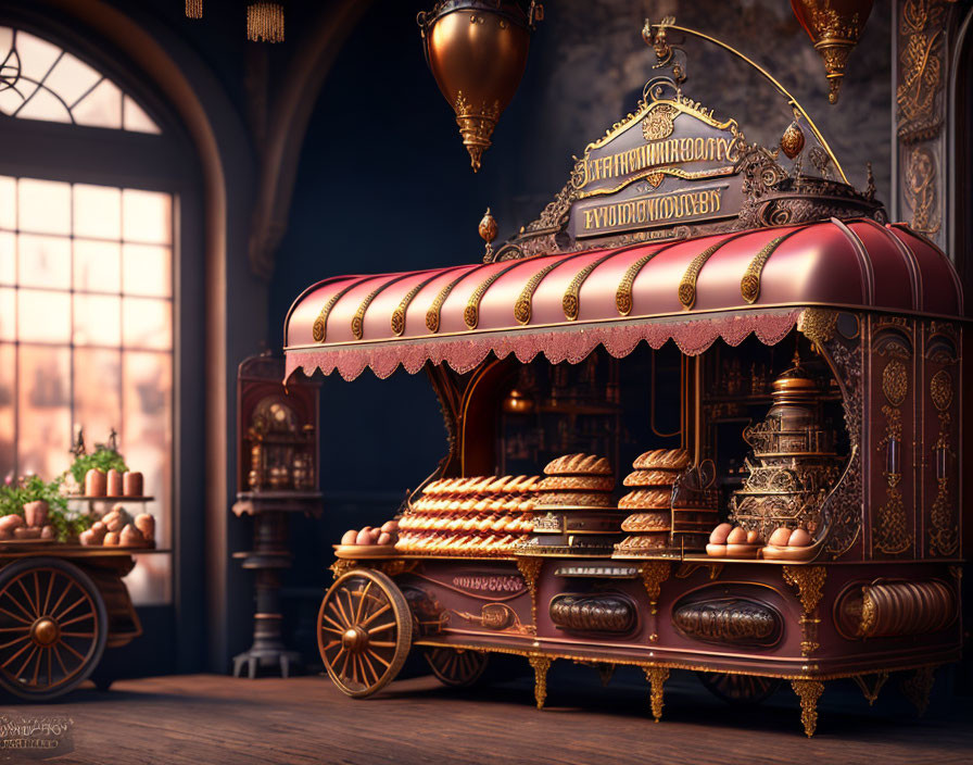 Vintage bakery cart with bread selection under warm light in antique room