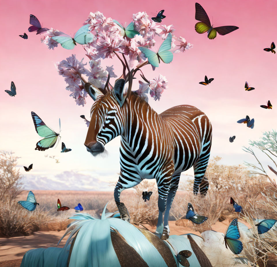 Zebra with cherry blossom tree and butterflies in desert scene