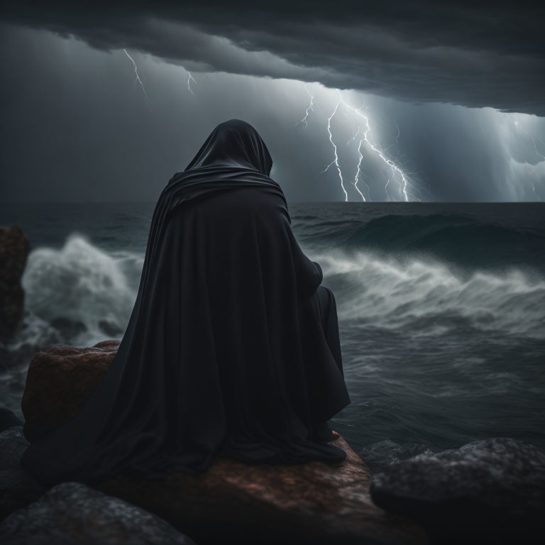 Cloaked figure observing stormy sea under lightning-filled sky