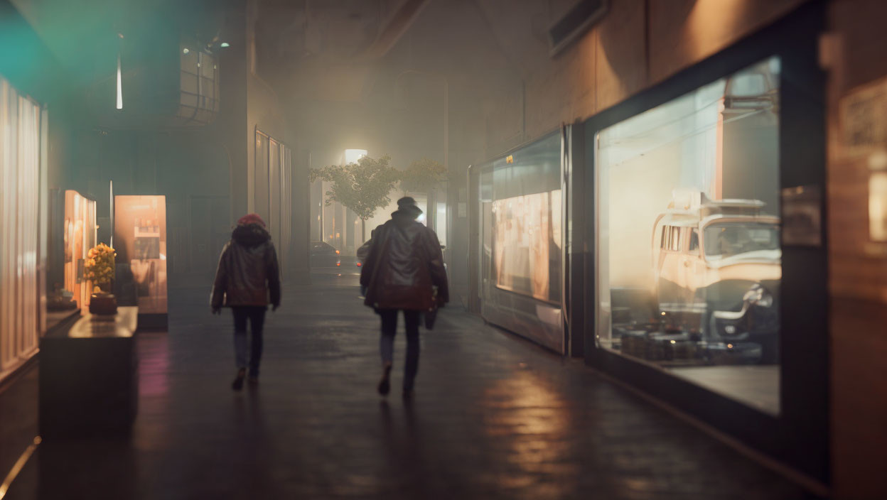 Night scene: Two figures walk on foggy street past glowing shop windows.