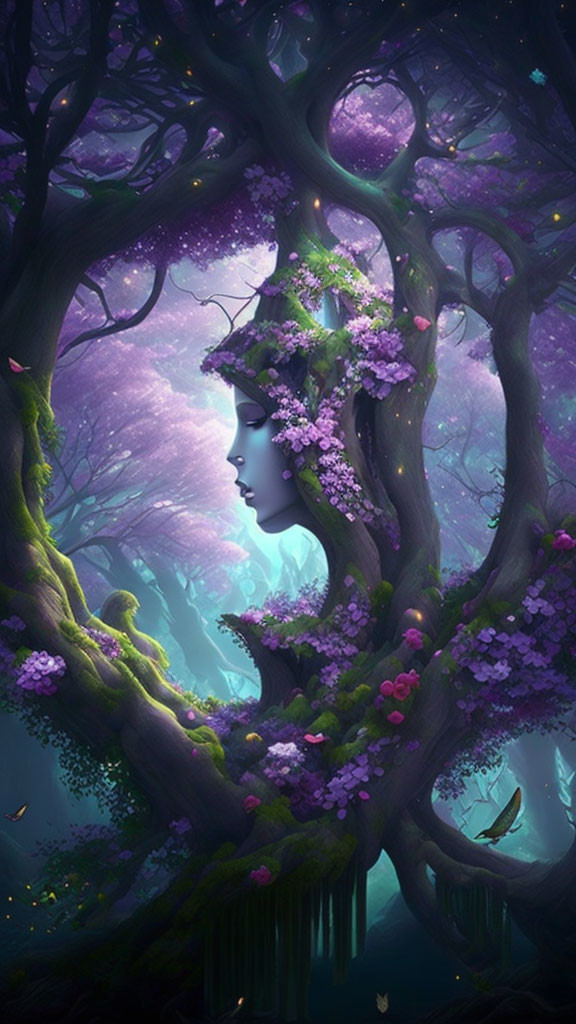 Woman's face in enchanted forest with purple foliage & mystical glow