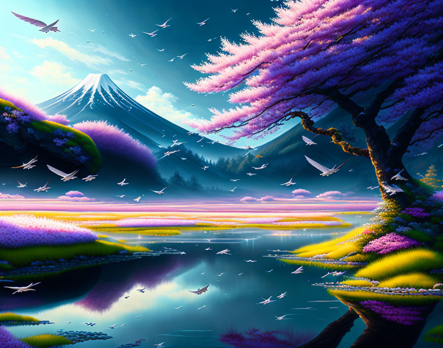 Tranquil landscape with cherry blossoms, floral fields, birds, and snow-capped mountain