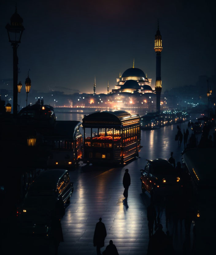 Urban night scene with tram, street lights, pedestrians, and mosque silhouette.