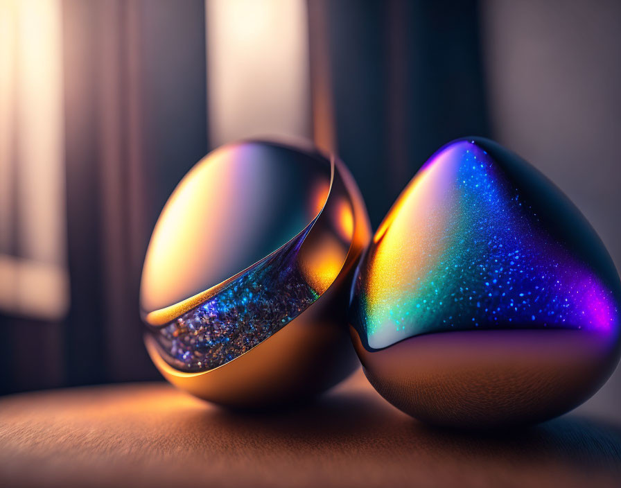 Glossy iridescent stones with sparkling cores on wooden surface