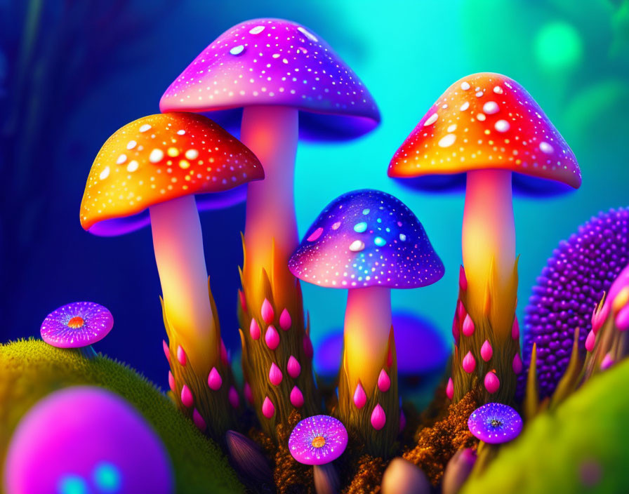 Colorful illustration of glowing mushroom caps in mystical forest