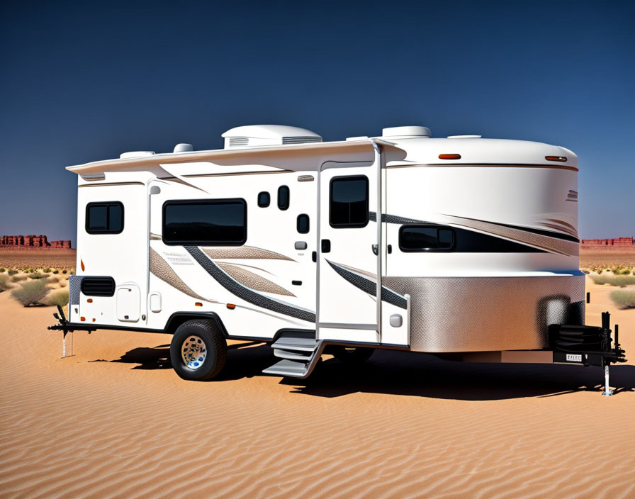 White RV with Brown and Gray Stripes in Desert Landscape