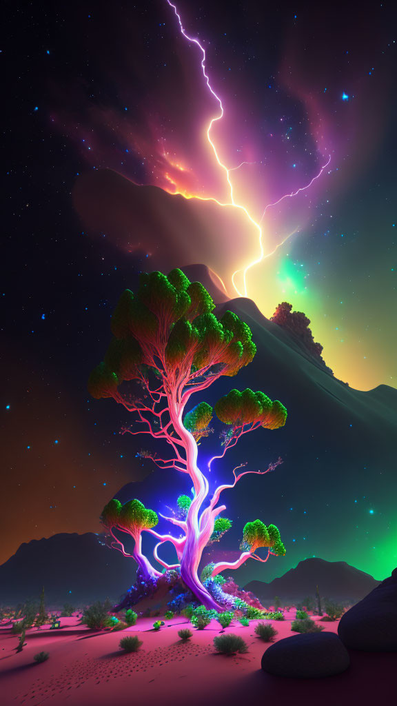 Colorful Foliage Tree Under Night Sky with Lightning Bolt