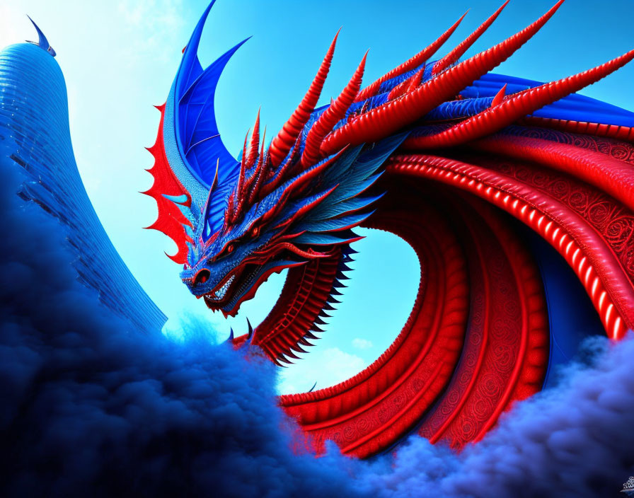 Majestic red and blue dragon in surreal skyscraper scene