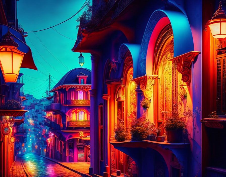 Neon-lit alley with traditional architecture and colorful ambiance