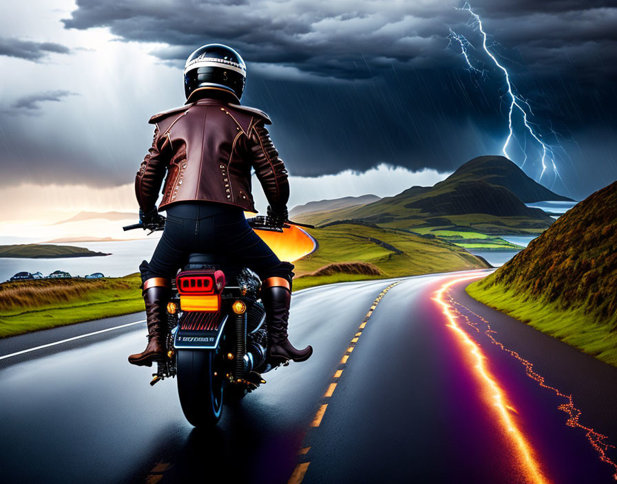 Motorcyclist in leather jacket on coastal road at dusk with stormy horizon