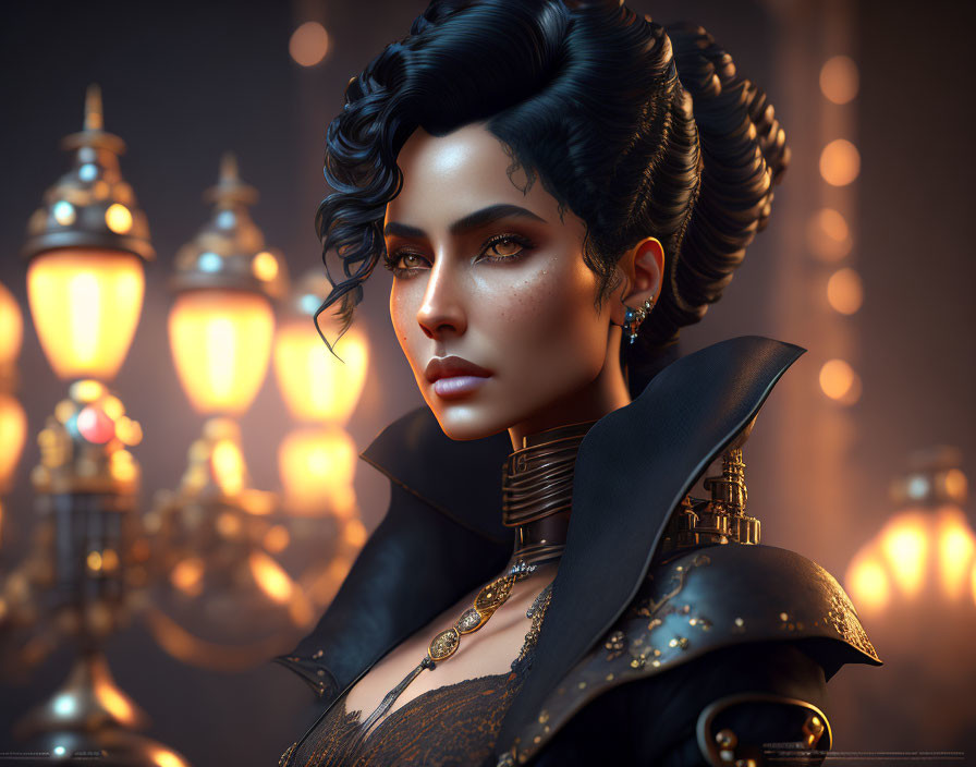 Dark-haired woman in fantasy armor with glowing lantern backdrop