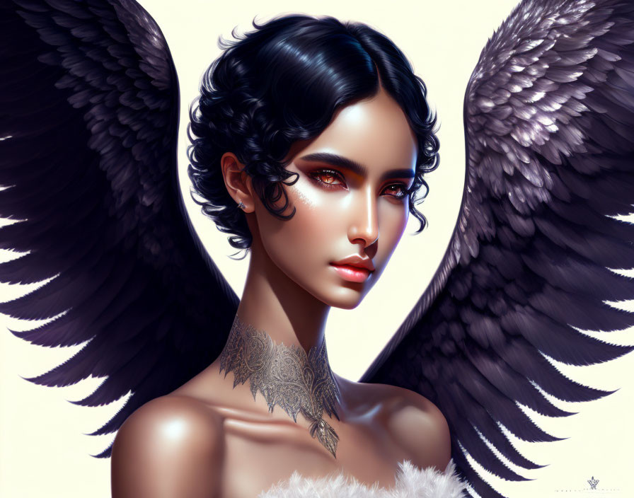 Illustrated woman with dark hair, wings, feathered collar, metallic neck tattoo on cream background