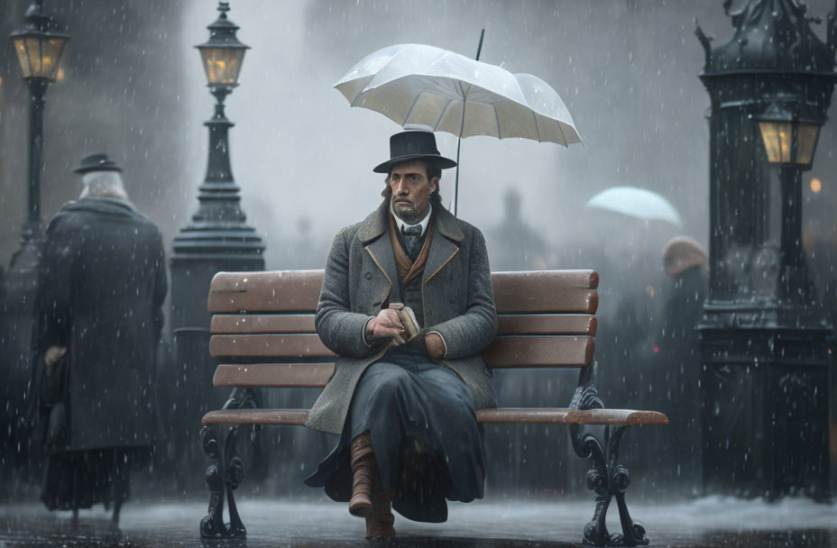 Man sitting on park bench in rain under umbrella with vintage lampposts.