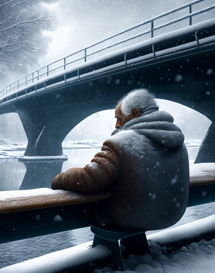 Elderly person sitting on bench in snow-covered scene.