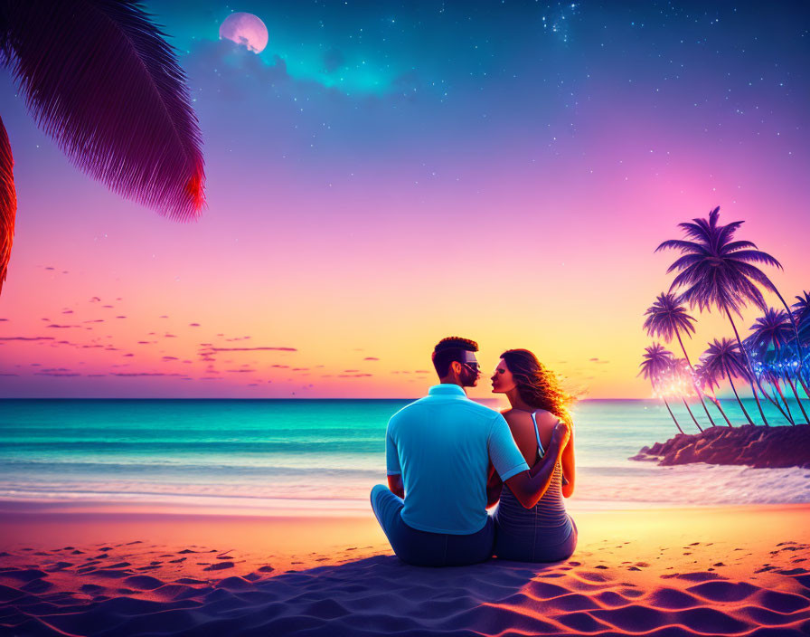 Romantic couple watching sunset on beach with moon and stars