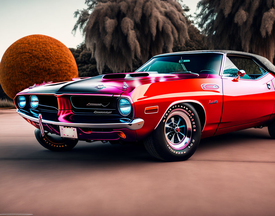 Red Plymouth Barracuda Muscle Car with Black Stripe and Hood Scoops Outdoors