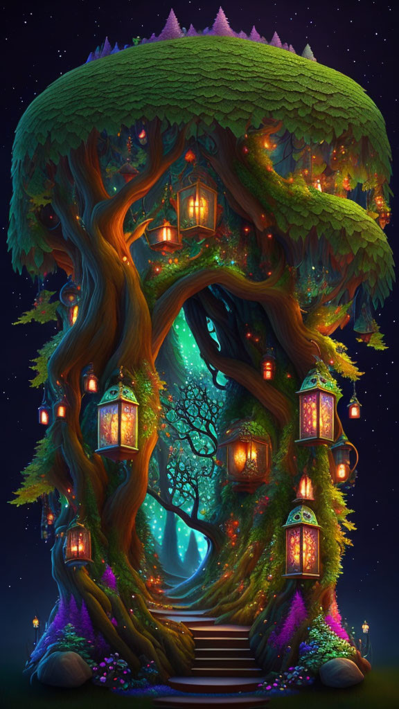 Illustration of magical tree with glowing doorway, lanterns, lush foliage, starry night sky