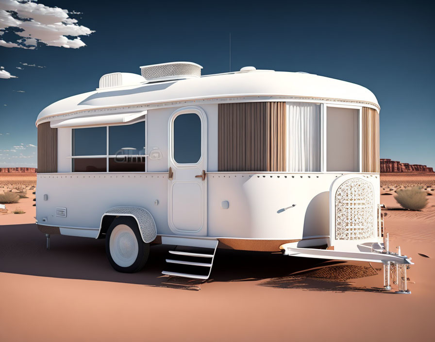 Vintage White Caravan with Open Door in Desert Landscape