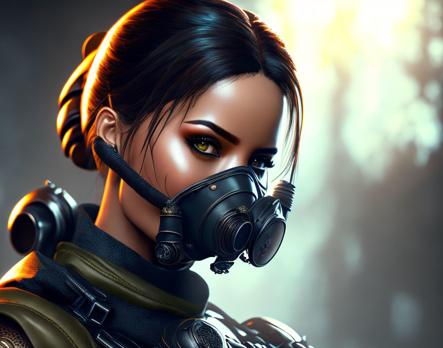 Futuristic gas mask woman in tactical gear with hazel eyes