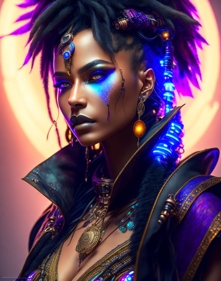 Portrait of woman with avant-garde makeup, vibrant blue colors, futuristic attire, and glowing backdrop