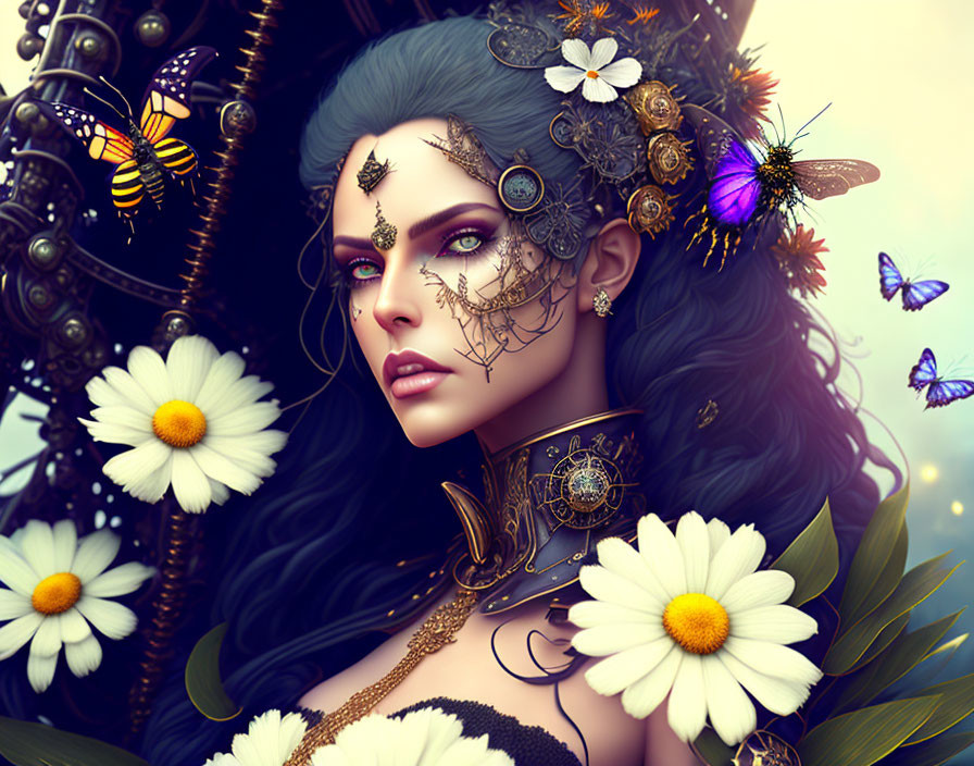 Fantasy steampunk digital art: Woman adorned with flowers, butterflies, and metal details