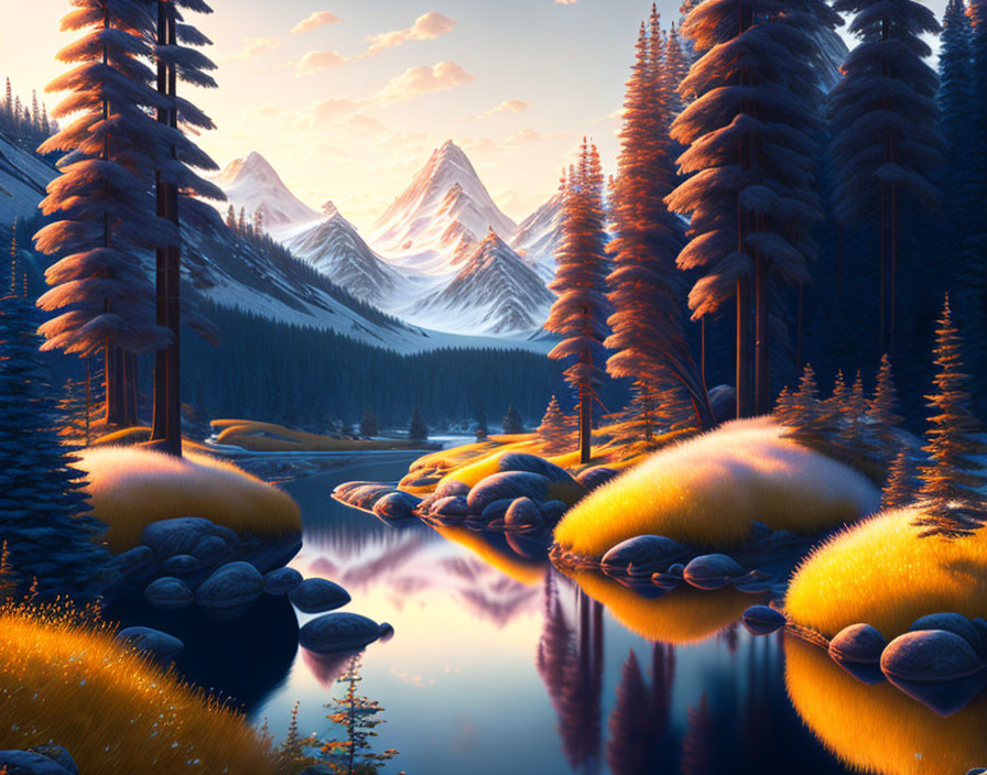 Tranquil river landscape with orange grass, moss-covered rocks, evergreen trees, and snow-c