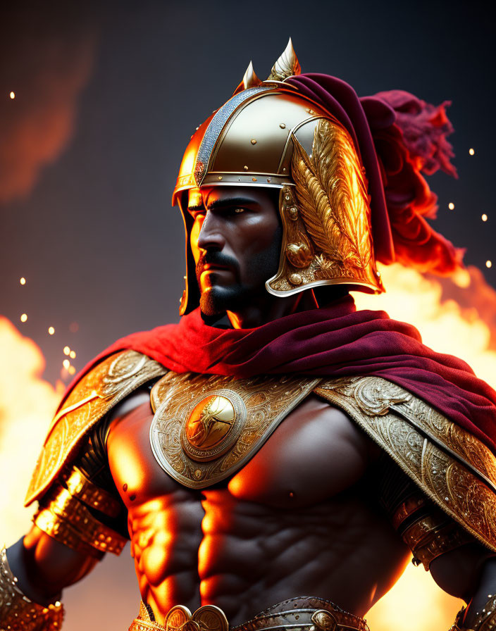 Detailed CGI illustration of stern bearded warrior in Roman helmet and armor with red cape against fiery backdrop