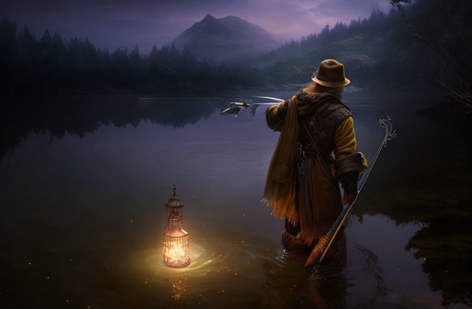 Person in hat and coat with lantern and bird by river at dusk with mountains