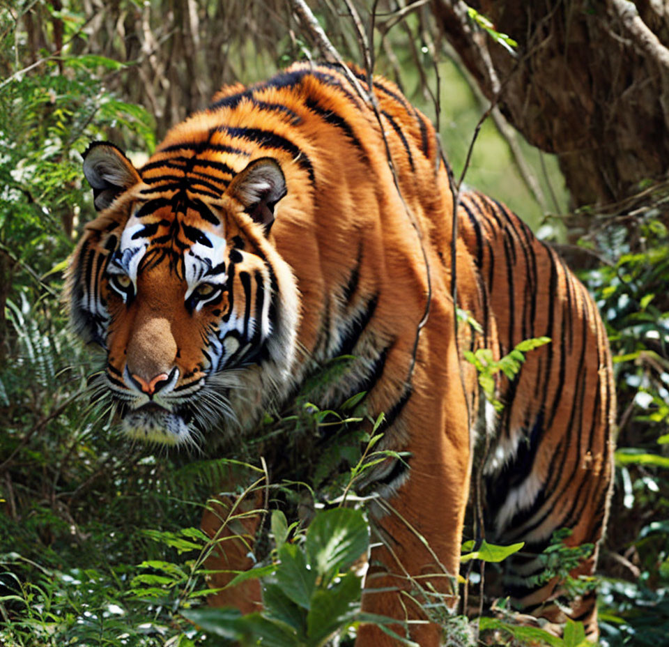 Majestic tiger in vibrant orange and black stripes among lush green foliage