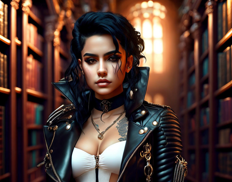 Dark-haired woman in leather jacket and white top among bookshelves