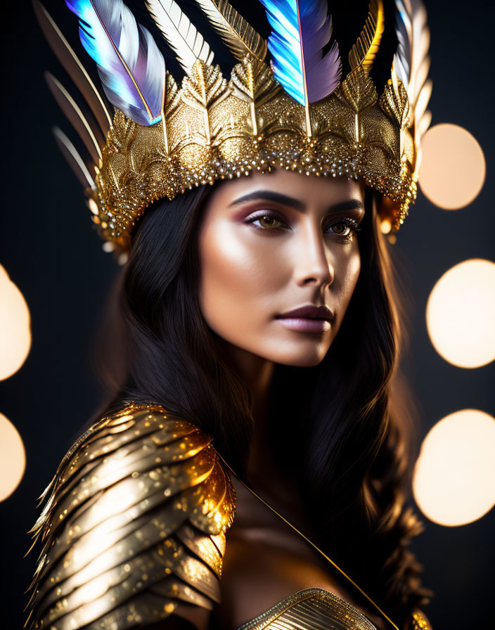 Striking makeup on woman with golden feathered headdress