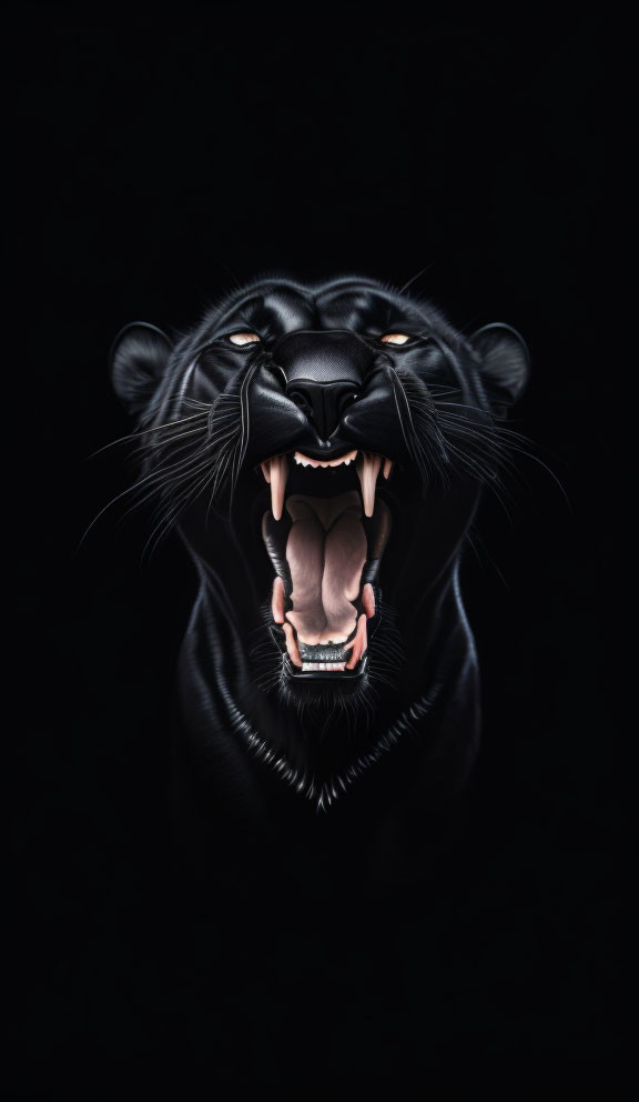 Black Panther Digital Art Illustration with Open Mouth and Sharp Teeth on Dark Background