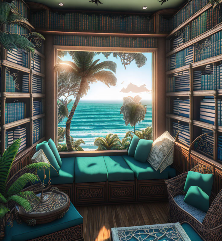 Cushioned reading nook with sea view and bookshelves