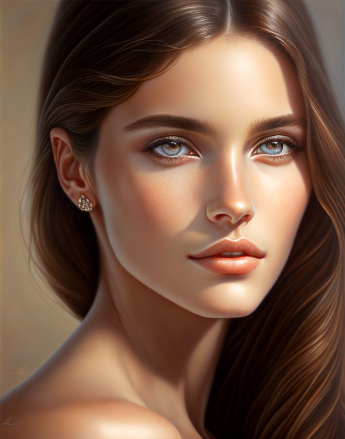 Detailed digital portrait of a young woman with brown hair and clear blue eyes