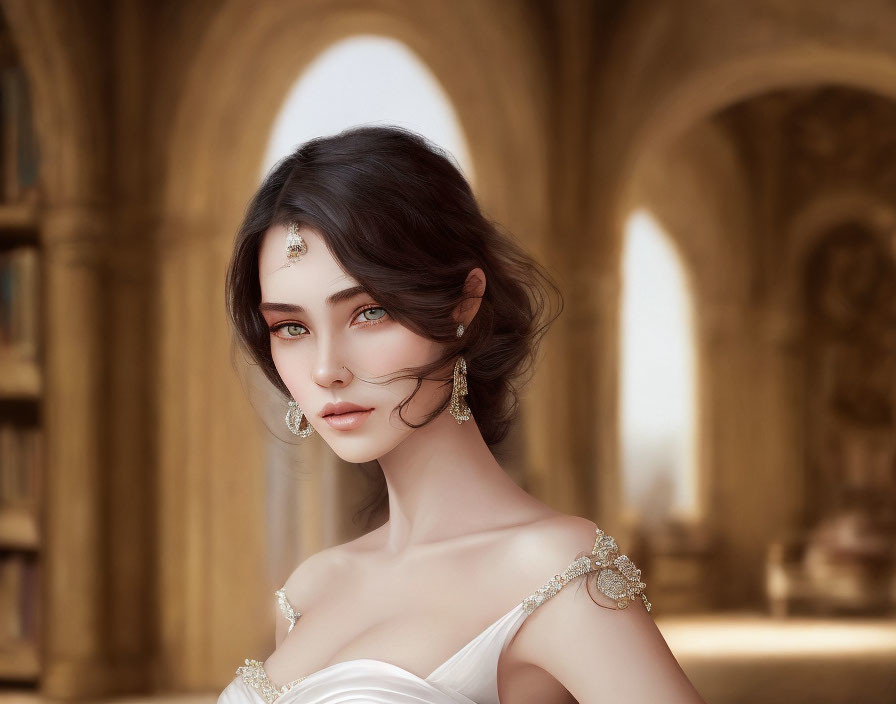 Portrait of Woman with Blue Eyes and Elegant Attire Against Archway