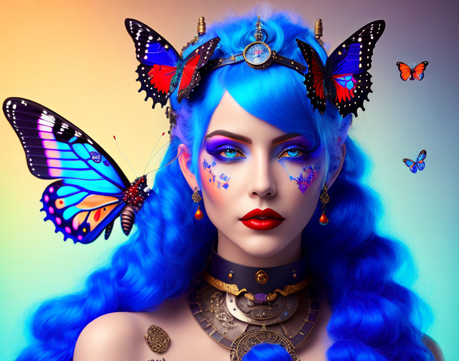 Vibrant blue hair woman with butterflies and jewelry on colorful background