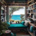 Cushioned reading nook with sea view and bookshelves