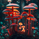 Vibrant butterflies and glowing mushrooms in dark forest