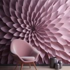 Stylized room with large 3D floral mural, modern pink chair, and decorative vases