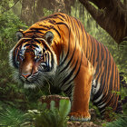 Majestic tiger in vibrant orange and black stripes among lush green foliage