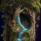 Illustration of magical tree with glowing doorway, lanterns, lush foliage, starry night sky