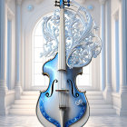 Blue and White Ornate Violin with Wing Designs in Elegant Room