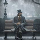 Man sitting on park bench in rain under umbrella with vintage lampposts.