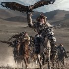 Fantasy digital art: Armored horses, eagle in armor, grassy landscape.