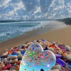 Colorful Heart-shaped Bubbles Float Above Multicolored Pebbles