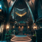 Gothic foyer with curved staircases and bat symbol